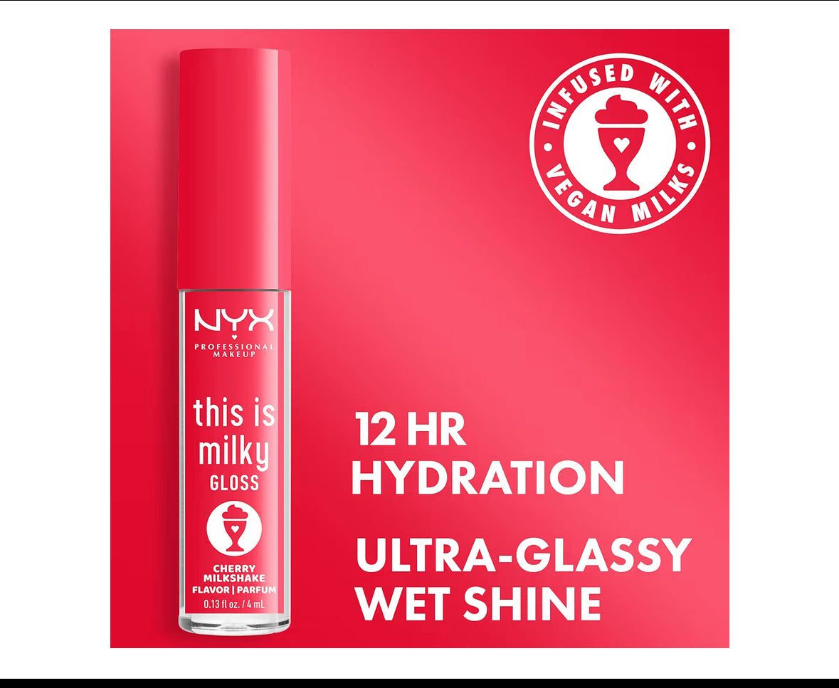 NYX PROFESSIONAL MAKEUP This Is Milky Gloss Lip Gloss, Cherry Milkshake, Cherry Pink with 12 Hour